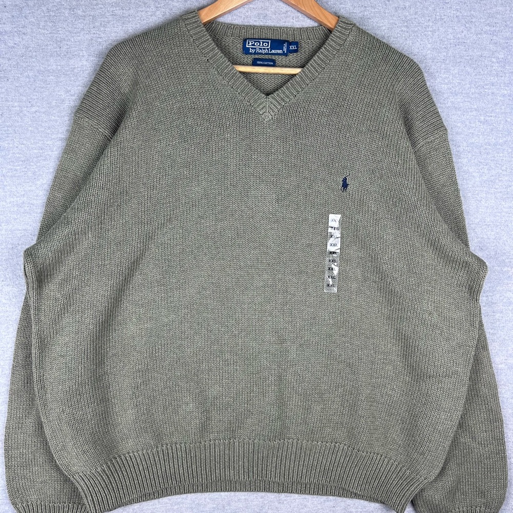 Polo Ralph Lauren XXL V-Neck Sweater Olive Green Cotton‎ Knit Pullover Pony NWT